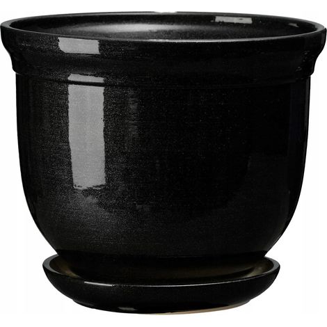 Keramik-Blumentopf mit Untertasse, GRIECHISCH, Höhe 16 cm, Durchmesser 19,5 cm, SCHWARZ, P, 1 Stück. (1/2)