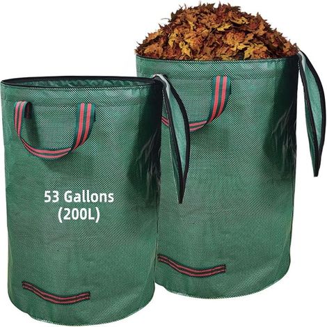 (200L)Deux sacs poubelles de jardin verts de 200 L à ouverture supérieure, robustes, résistants aux déchirures, réutilisables, avec poignées parfait (1/5)