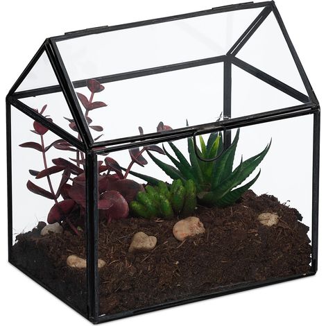 Relaxdays Pflanzenterrarium, Glas & Zinn, Deko Glashaus für Kakteen & Moos, Glaskasten für Fensterbank, schwarz