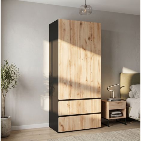 Armadio guardaroba 90x50x200 cm in MDF, rovere artigianale/bianco, 2 cassetti – MEUBLIV (1/5)