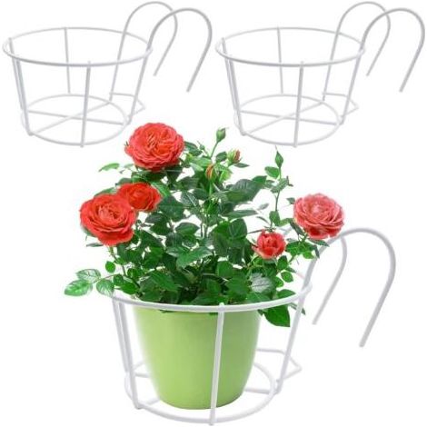 Lot de 3 supports de pot de fleurs ronds à suspendre - En métal - Pour balcon, balcon, jardin, balustrade, clôture - Blanc (1/5)