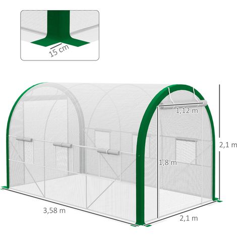 Tunnel de jardin en aluminium 3,58x2,1x2,1m, abri de serre avec porte coulissante, acier galvanisé blanc, pour balcon et terrasse, kit complet. (1/5)
