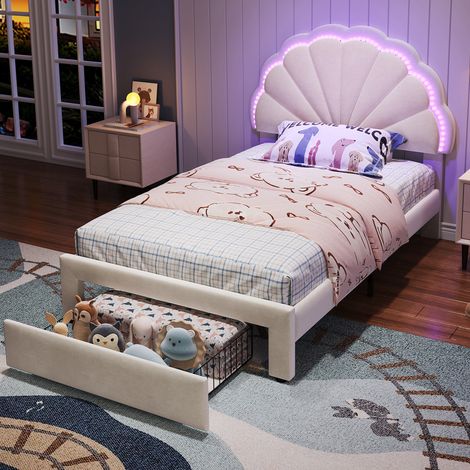 Upholstered Bed, Adults Teenagers 3ft Single Bed 90x190cm, Shell Shape Backrest, 1 Drawers, Iron Bed Legs, with 16 Colors LED-Light Strips, Velvet+Iron, Beige (1/5)