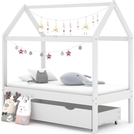 Lit cabane enfant avec un tiroir Blanc Pin massif 70x140 (1/5)