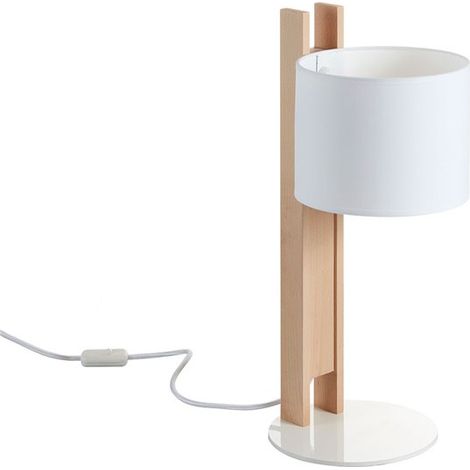 Lámpara de mesa COMPACT E27-Ø45 40 W Algodón blanco Madera haya (1/3)