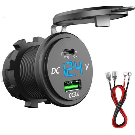 BEBUSINGOTO Chargeur Rapide USB C Voiture 12V / 24V QC 3.0 64W Double Prise Chargeur USB Étanche avec LED Voltmètre pour Voiture Aarine Moto Bateau Caravane (1/5)