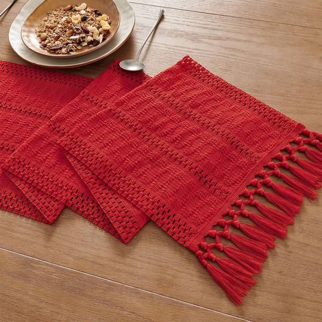 Chemin de table - Nappe - Chemin de table bohème - Chemin de table rose - À pompons - Décoration intérieure tissée style campagne - Rouge - 30 x 240 cm (1/5)