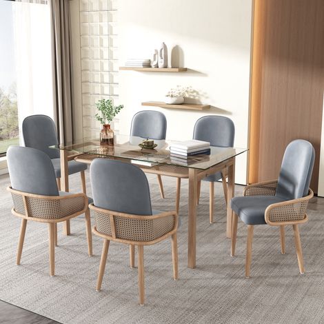 Lot de 6 chaises de salle à manger 45x41x90 cm en velours gris, design rotin, pour salon – MEUBLIV (1/5)