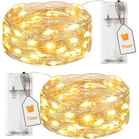 Pack of 2 Battery Operated LED Fairy Lights with Timer, 2 m 20 LED Small Fairy Lights, Silver Wire IP65 Waterproof Battery String Lights for Home Bedroom Christmas Home Halloween Decoration Warm White (1/5)