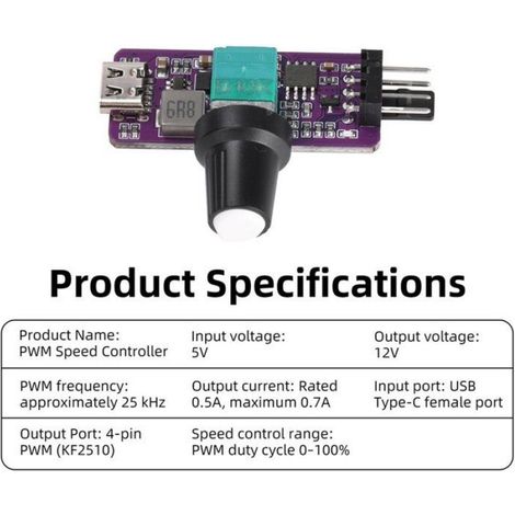 Contrôleur De Vitesse Pwm - 4 Broches - Entrée Usb Type-C - Sortie 12 V - Plage 0-100 % - Pour Ventilateur - 1 Pièce (1/5)
