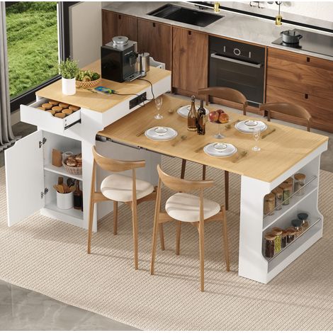 Kücheninsel mit Rollen, Ausziehbarer Esstisch mit Steckdosenleisten und zwei Schubladen, dient als Kücheninsel, Sideboard oder Anrichte für Küche und Esszimmer (Weiß) (1/5)