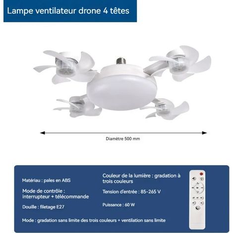 Lampe ventilateur drone 4 têtes E27, éclairage LED tricolore, ventilateur silencieux réglable par télécomman VENTILATEUR DE PLAFOND (1/5)
