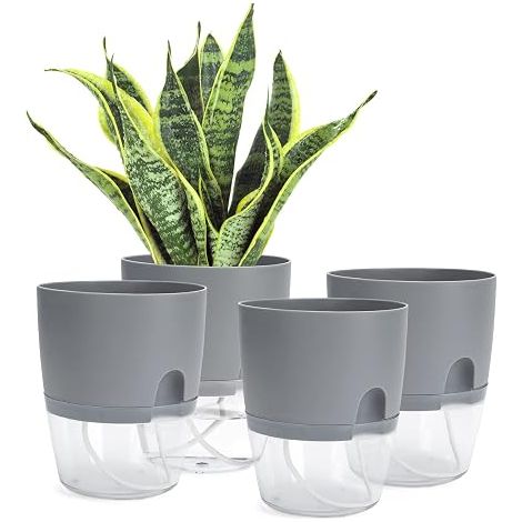 Pot de fenêtre à arrosage automatique 4 Buc, diamètre 15,3 cm, double réservoir, compatible avec la culture d'herbes aromatiques, gris 4 Buc (1/5)