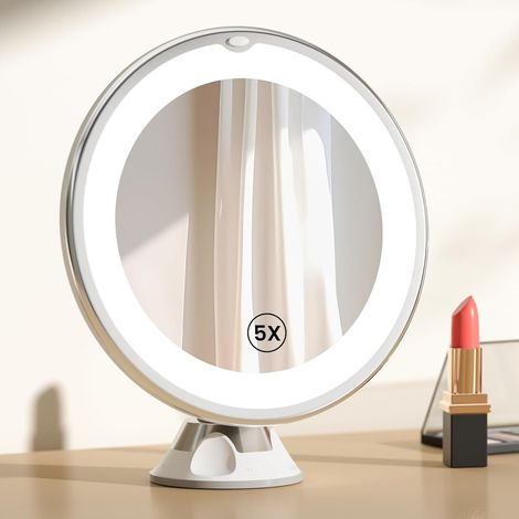 Miroir de Table avec éclairage - Miroir grossissant 5X - Miroir de Maquillage LED pivotant à 360° avec Ventouse - Miroir de Maquillage avec éclairage - Miroir cosmétique Portable pour Les