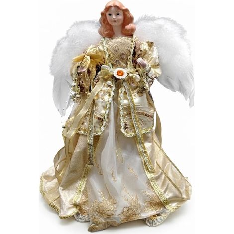 Angelo h 40 Bianco e oro con ali puntale per albero di natale decorazione casa vestito Elegante Pelliccia e Ricami (1/4)