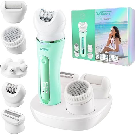 Epilateur Electrique Femme Sans Fil 5 En 1 Avec Étanche IPX6, Vert Rasoir Electrique Femme Avec Brosse Nettoyante Visage, Éliminateur De Callosités Et Tête De Massage, Epilateur Avec Écran LED (1/5)