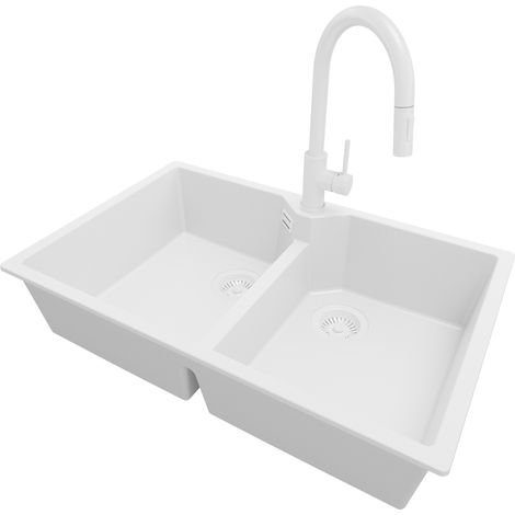 PRIMAGRAN Evier Cuisine en Granit 78x50cm, Lavabo 2 bacs + Robinet 40x20cm + Kit de Vidage, Évier à Encastrer au meuble 80cm - Madrid Twin, Tout Blanc