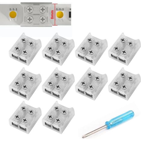 YUTOKEER LED Streifen Verbinder 2-polig 8mm, 10 Stück, Lötfrei Strip zu Strip Verbindung für 3528/5050 SMD & COB LED Bänder, Schnellverbinder Transparent inkl. Schraubendreher