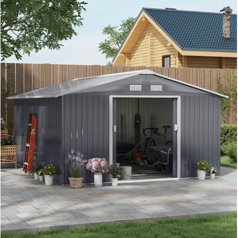 Cobertizo de metal para jardín con base galvanizada gris 340 x 386 x 200 cm OKWISH (1/5)