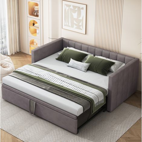 Divano letto imbottito in velluto grigio 90x200/180x200 cm con rete a doghe ed estrazione salvaspazio (1/5)