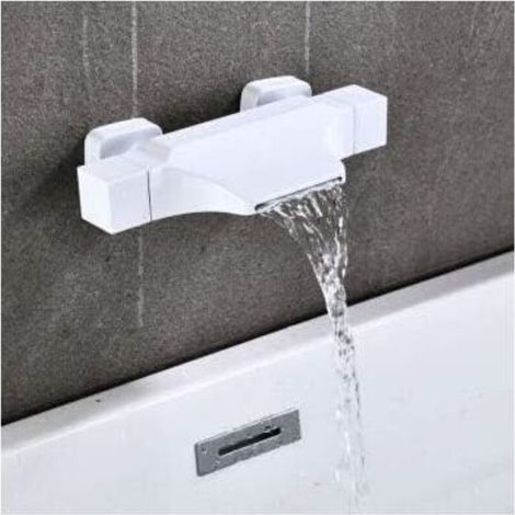 Wall-mounted waterfall bath tap, bath mixer with hand shower, wall-mounted tap with waterfall shower head, hot & cold (White)