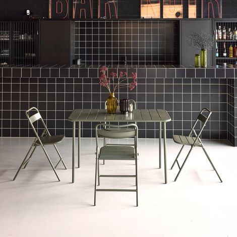 Table de jardin métal + 4 assises kaki. Amelia L 120 x 70 x 72.5cm