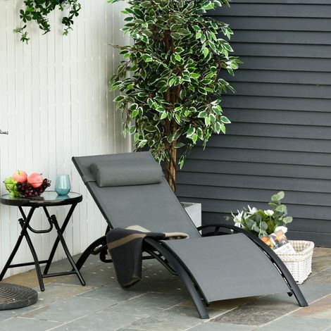 Bain de soleil inclinable Outsunny en aluminium avec dossier réglable 5 positions et appui-tête rembourré amovible en textilène pour jardin, terrasse, balcon, 171 x 64 x 82 cm, gris