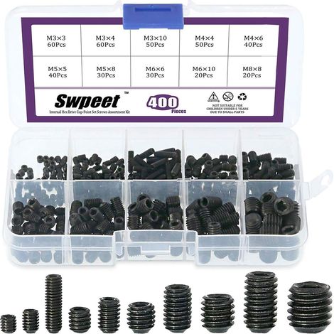 400 pcs Allen Tête Douille hexagonale Vis sans tête Assortiment kit, y compris 10 tailles M3/4/5/6/8 Interne hexagonale Drive Cup-point Lot de vis pour poignées de porte, robinet, light Fixtur (1/5)