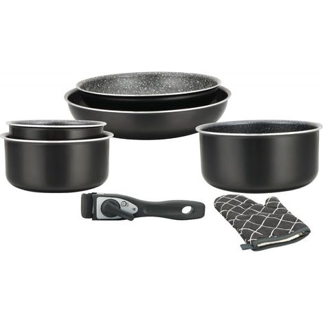 Batterie de cuisine revêtement pierre avec manche amovible 7 pièces noir Herzberg HG8053-BLK (1/5)