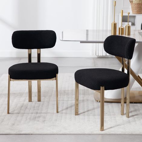 Wahson Dining Chairs 2Pcs in Faux Fur Upholstered Modern Kitchen Chairs with Metal Legs for Living Room Rastaurant Cafe, Black