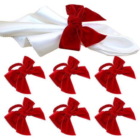 ZHIJIA PREMIUM Lot de 6 ronds de serviette nœud de Noël en velours rouge, décoration de table festive pour maison et hôtel, rouge (1/5)