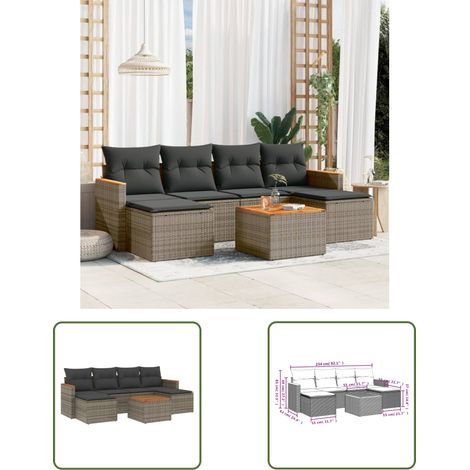 The Living Store 7-tlg. Garten-Sofagarnitur mit Kissen Grau Poly Rattan - Gartenmöbel Set - PE-Rattan Möbel - Outdoor Sofa - Esstisch - Lounge Gruppe (1/3)