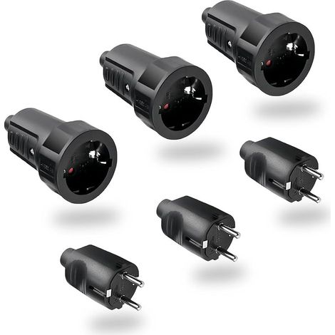 Noir 3 Paires Fiche Male Femelle Etanche Exterieur Prise 250V 6A IP44 Raccord Prise à 2 Broches Pieds Ronds Fiche Prise Electrique Sans Câble (1/5)