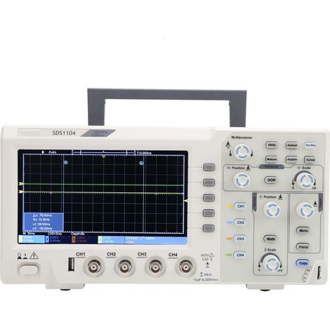 Oscilloscope 4 voies SDS1104 avec écran LCD 7 pouces, bande passante 100 MHz, fréquence d'échantillonnage 1 GS/s, alimentation UE 100-240 V.