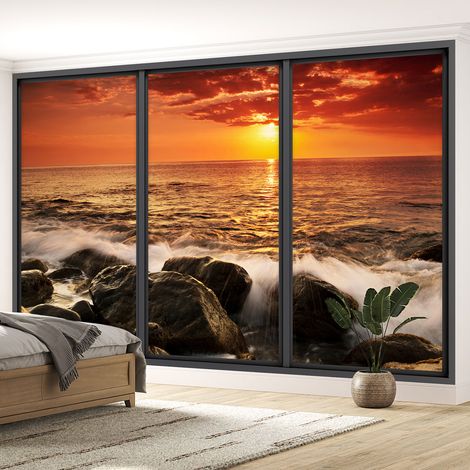 Papier peint panoramique Trompe l'oeil baie vitrée - Vue mer - 130 cm x 78 cm (1/5)