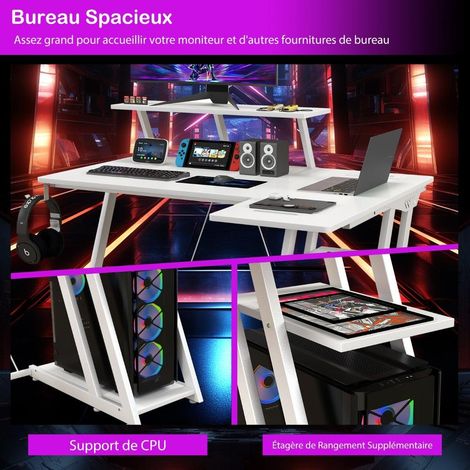 Bureau gaming en L avec 2 prises AC et 2 ports USB, étagère écran, bureau ordinateur pour gamer (1/5)
