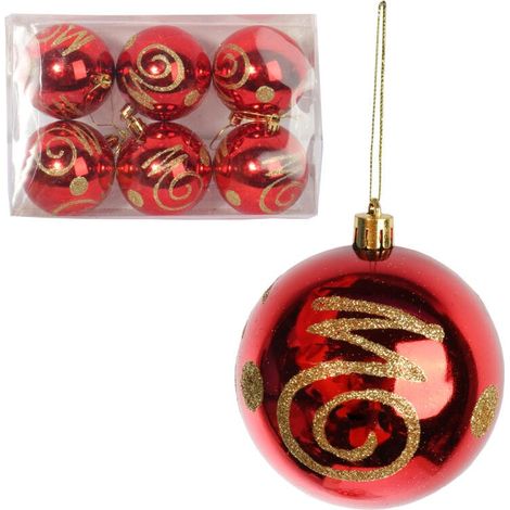 Set mit 6 roten Kunststoffkugeln mit Dekoration, 6 cm (1/4)