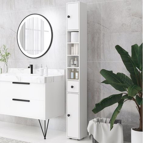 Colonna bagno in legno bianco 20 cm, mobile alto e stretto con cassetto, 4 ripiani aperti e 2 ante (1/5)
