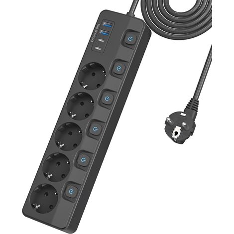Multiprise avec Interrupteurs individuels (16A/4000W), Multiprises Parafoudre avec 5 Prises et 2 USB-A, 2 USB-C de Charge Rapide, 2M Rallonge Multiprise USB pour Maison Bureau Noir (1/5)