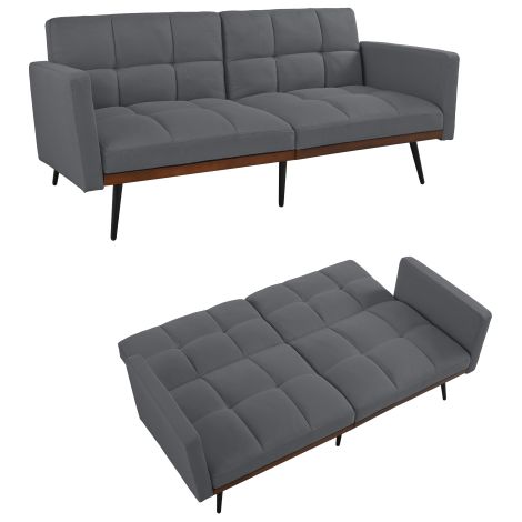 Mittelcentury-Moderne Futon-Couch im Leinen-Mix, 146 cm Breit, 5-fach Verstellbare Rückenlehne & Fixe Armlehnen, Metallbeine, Grau