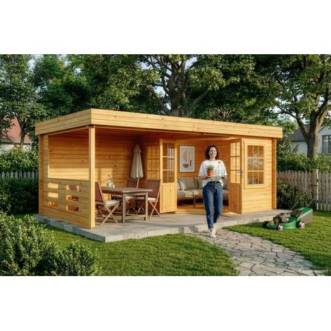 Alpholz Gartenhaus Hanna Gartenhaus aus Holz in Pinie, Holzhaus mit 34 mm Wandstärke inklusive Terrasse, Blockbohlenhaus mit Montagematerial (1/5)
