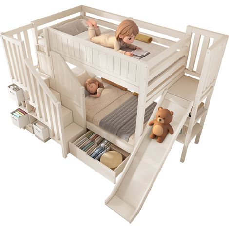 Lit mezzanine enfant 90x200 cm avec glissière, armoire suspendue et échelle, tiroirs spacieux et rayonnage, blanc, base à lattes, certifié norme sécurité EN747-1:2024, parfait pour chambres partagées, (1/5)