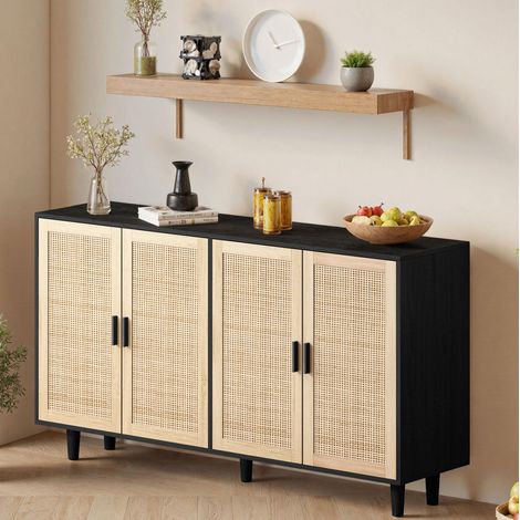 Mueble de almacenaje 4 puertas de ratán, 158 x 40 x 88 cm, estante regulable, negro (1/5)