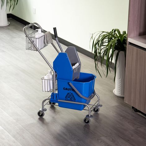 Seau de nettoyage, seau à serpillière, sur roulettes, en plastique, poignée en métal, bleu