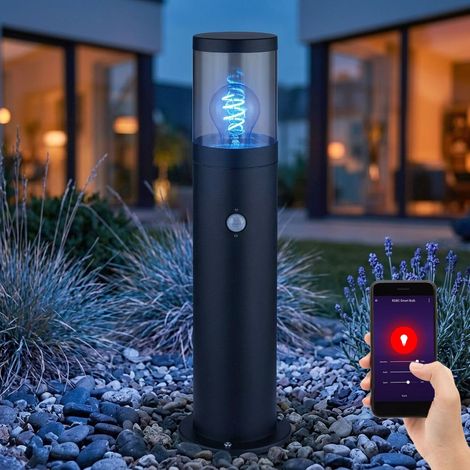 Smart LED Sockelleuchte Außen Stehlampe mit Bewegungsmelder Außenleuchte Edelstahl, App- und Sprachsteuerung, RGB Farbwechsel, schwarz rauchfarben, 1x 10W 806lm warmweiß-kaltweiß, DxHxB 14x50x10,2cm (1/5)