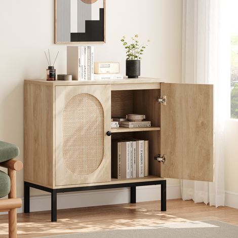 Lunsy – Buffet en bois d'ingénierie MDF et rotin naturel 83x80x40cm – 2 portes avec poignées en métal – Étagères réglables 3 niveaux – Style rustique (1/5)