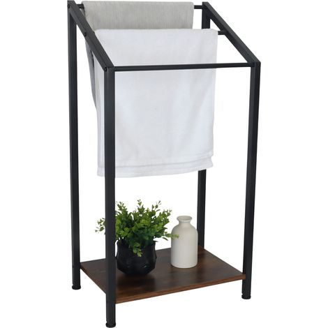 Relaxdays Handtuchständer mit Ablage, HxBxT: 80x43x28 cm, Industrial, 3 Stangen, stehender Handtuchhalter, schwarz/braun