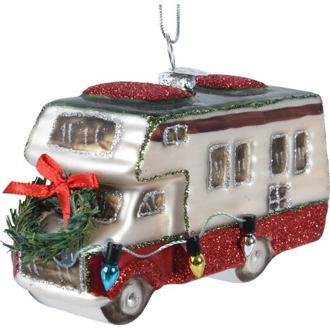 Kaemingk – Suspension de Noël camping-car blanc et rouge pailleté – Verre, L 11 x H 6,5 cm