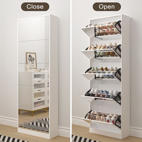Armoire à Chaussures avec Miroir, Armoire à Chaussures étroite à 5 Niveaux avec tiroir Rabattable, Rangement caché pour l'entrée (1/5)