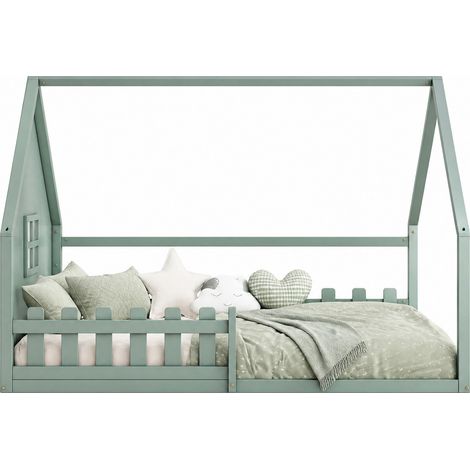 Lit cabane enfant 140x200 cm avec garde-corps, structure bois et MDF, vert, facile à monter pour chambre d'enfant CHICFURN (1/5)